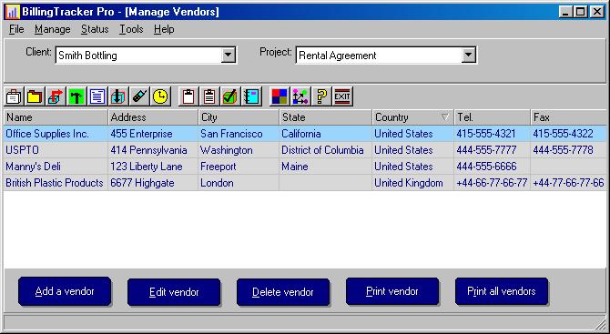 legal billing tables screenshot of manage vendors page
